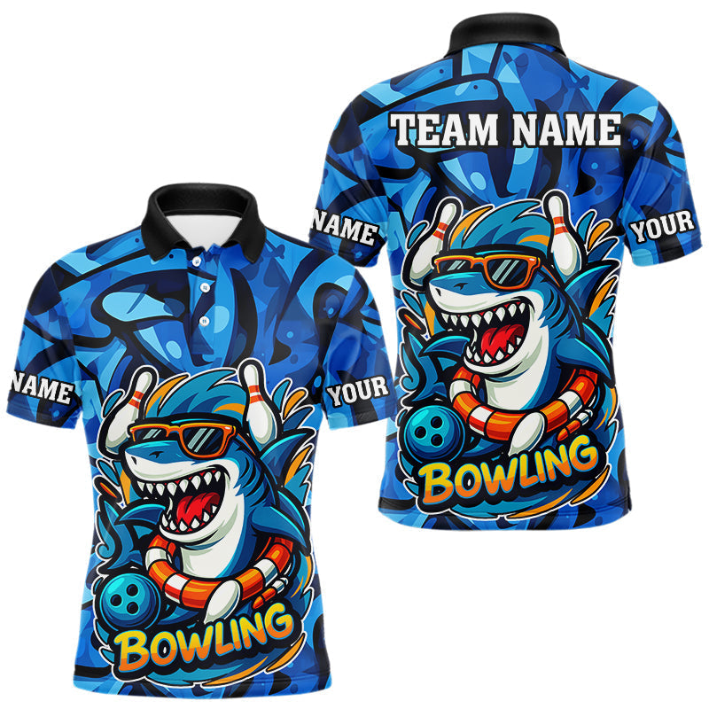 Blisscorners Funny Blue Camo Shark Men Bowling Polo, Quarter Zip Shirts Custom Team Shark Bowling Outfit Jersey