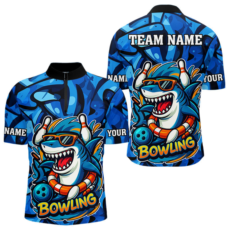 Blisscorners Funny Blue Camo Shark Men Bowling Polo, Quarter Zip Shirts Custom Team Shark Bowling Outfit Jersey