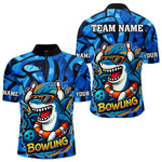 Blisscorners Funny Blue Camo Shark Men Bowling Polo, Quarter Zip Shirts Custom Team Shark Bowling Outfit Jersey