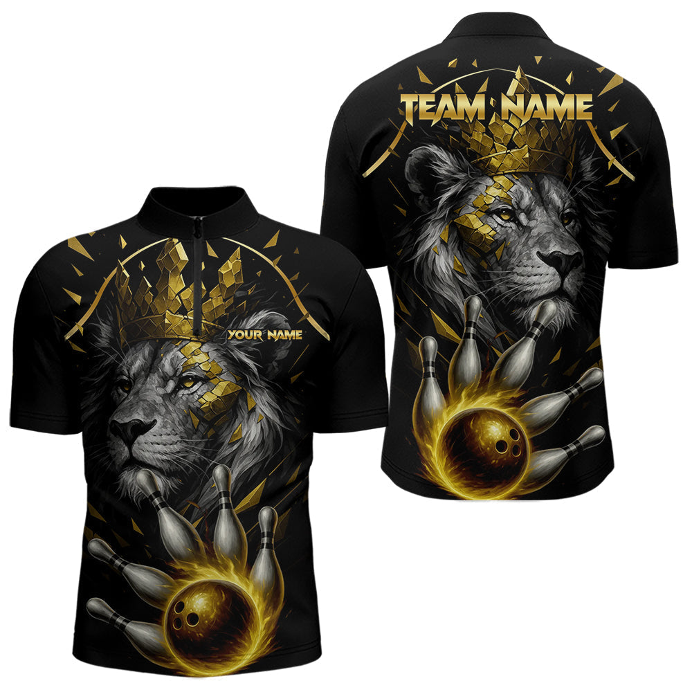 Blisscorners Custom Black and Gold Lion Bowling Polo, Quarter Zip shirts for Men, Lion Team Bowling Jerseys LM0607