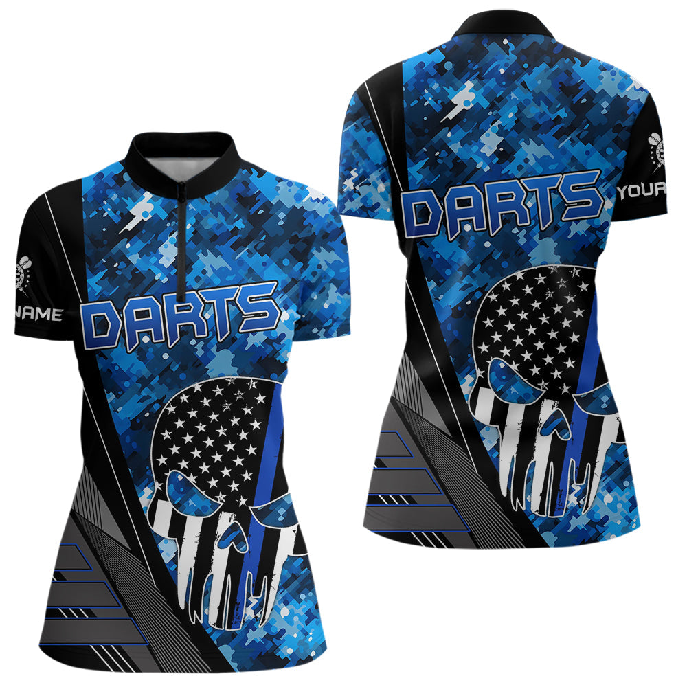 Blisscorners Black And White American Flag Skull Darts Blue Camo Darts Shirts For Men Custom Team Darts JerseyÂ 