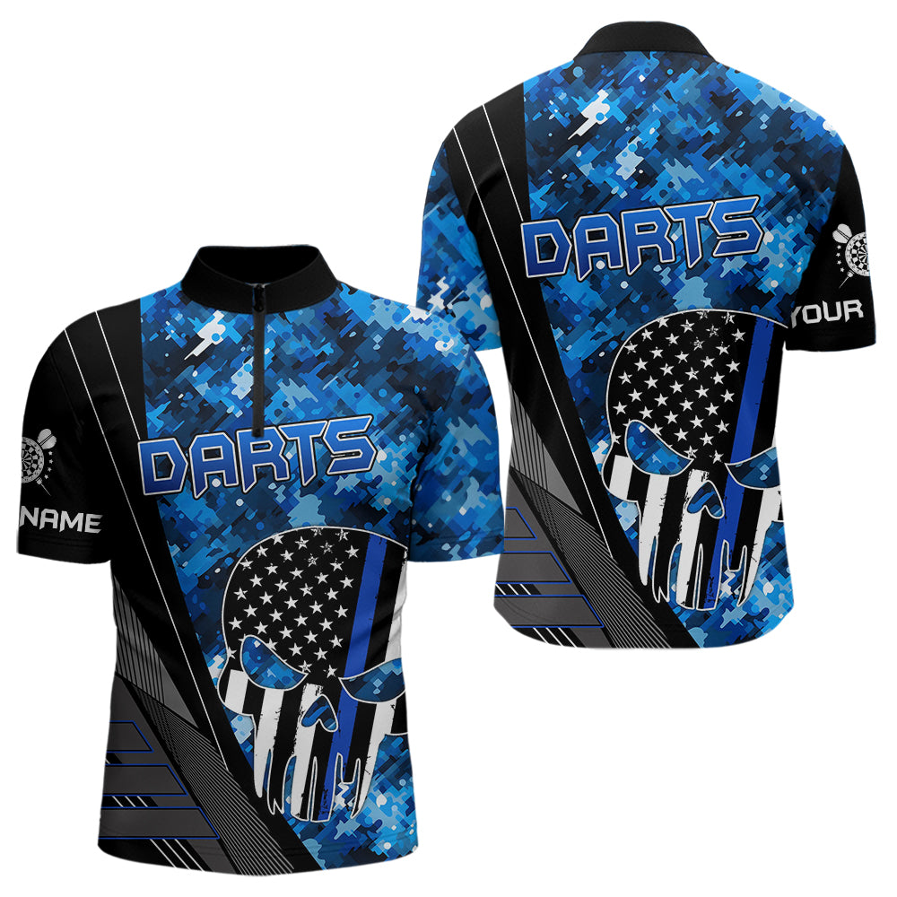 Blisscorners Black And White American Flag Skull Darts Blue Camo Darts Shirts For Men Custom Team Darts JerseyÂ 