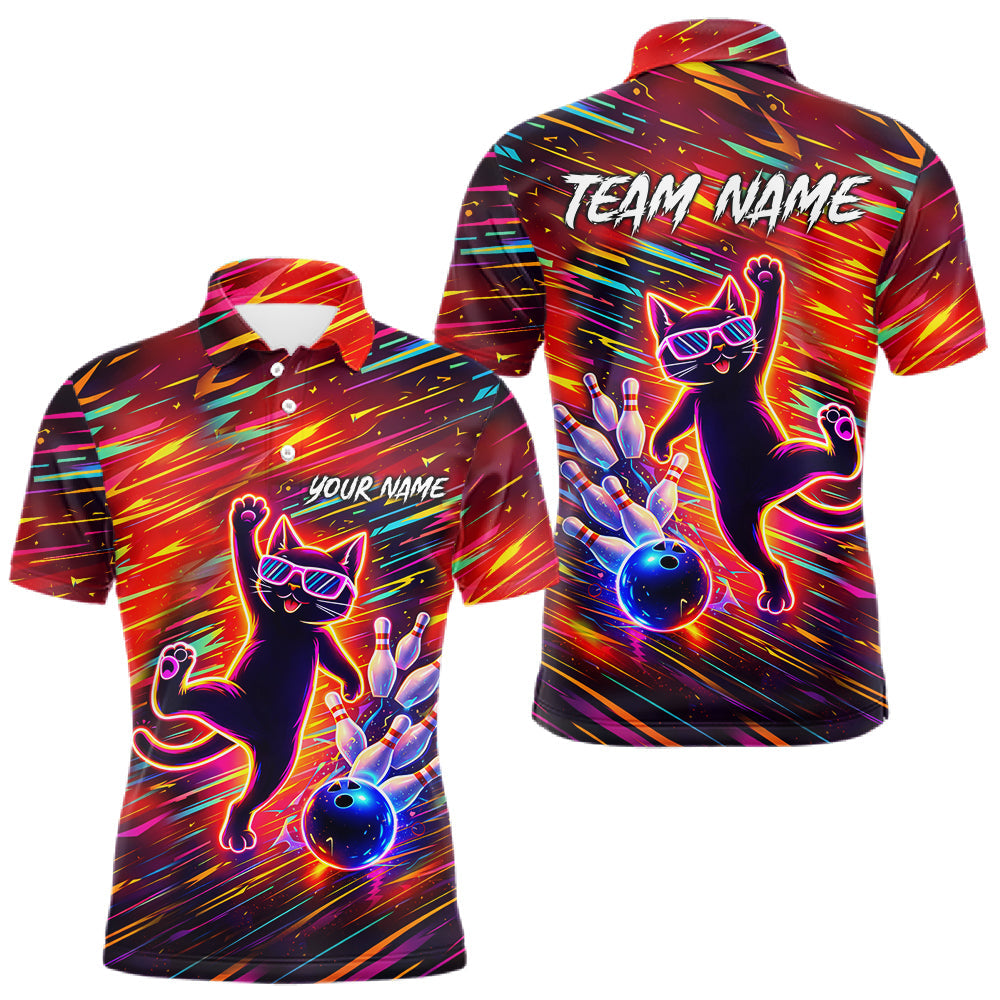 Blisscorners Funny Colorful Neon Cat Bowling Polo shirt, 1/4 zip shirts for men custom Bowling Team League Shirts LM0901