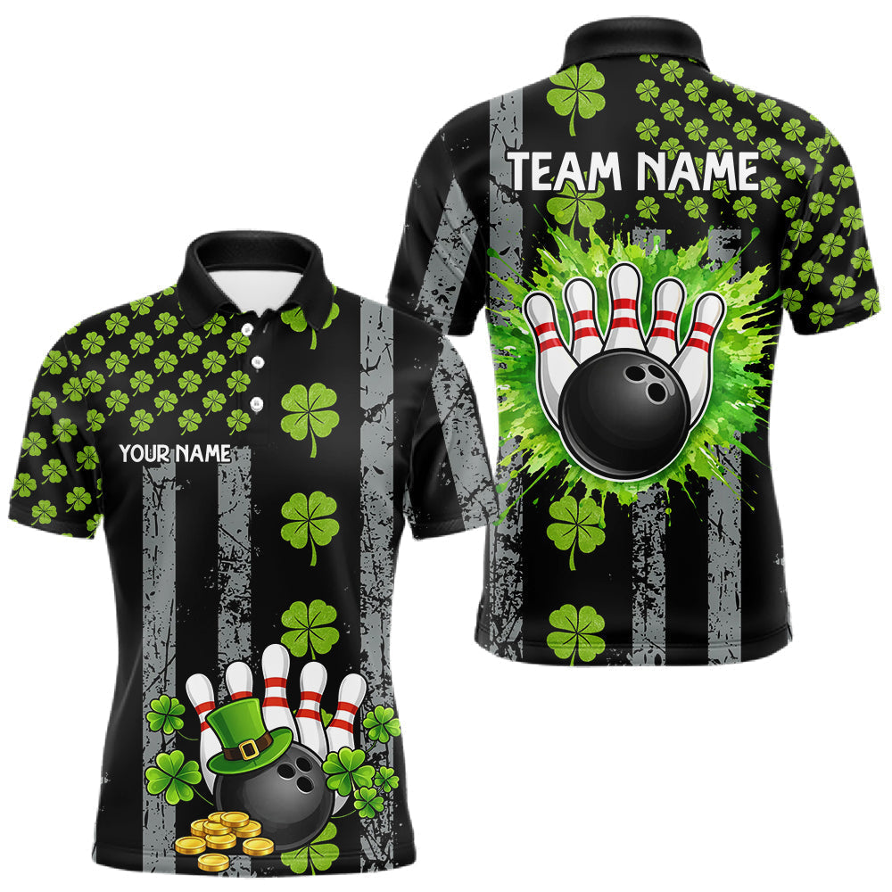 Blisscorners Custom Black Grunge US Flag Green Shamrock St Patrick Bowling polo shirts for men, bowling jersey men LM1501