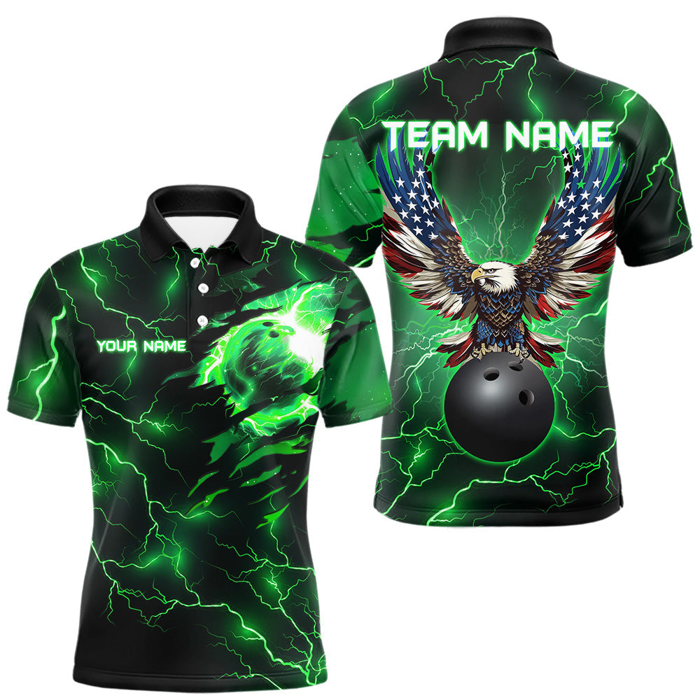 Blisscorners Green lightning thunder bowling American flag Eagle custom Mens Bowling Polo, Quarter Zip Shirts LM2206