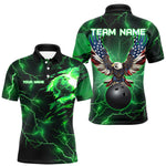Blisscorners Green lightning thunder bowling American flag Eagle custom Mens Bowling Polo, Quarter Zip Shirts LM2206