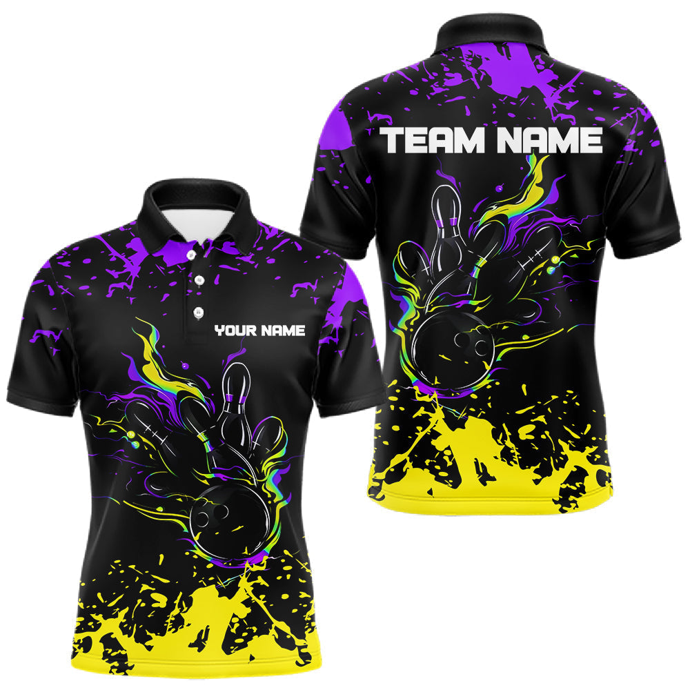 Blisscorners Personalized Black, Purple &amp; Yellow Bowling Shirts For Men, Bowling Balls And Pins Bowling Team Shirt LM1501