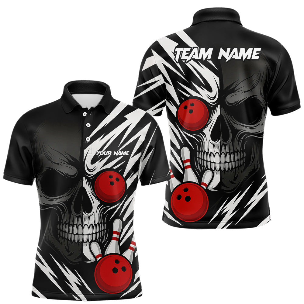 Blisscorners Black and White Skull Bowling Polo, Quarter Zip shirts for Men Custom Skull Team Bowling Jerseys LM1307