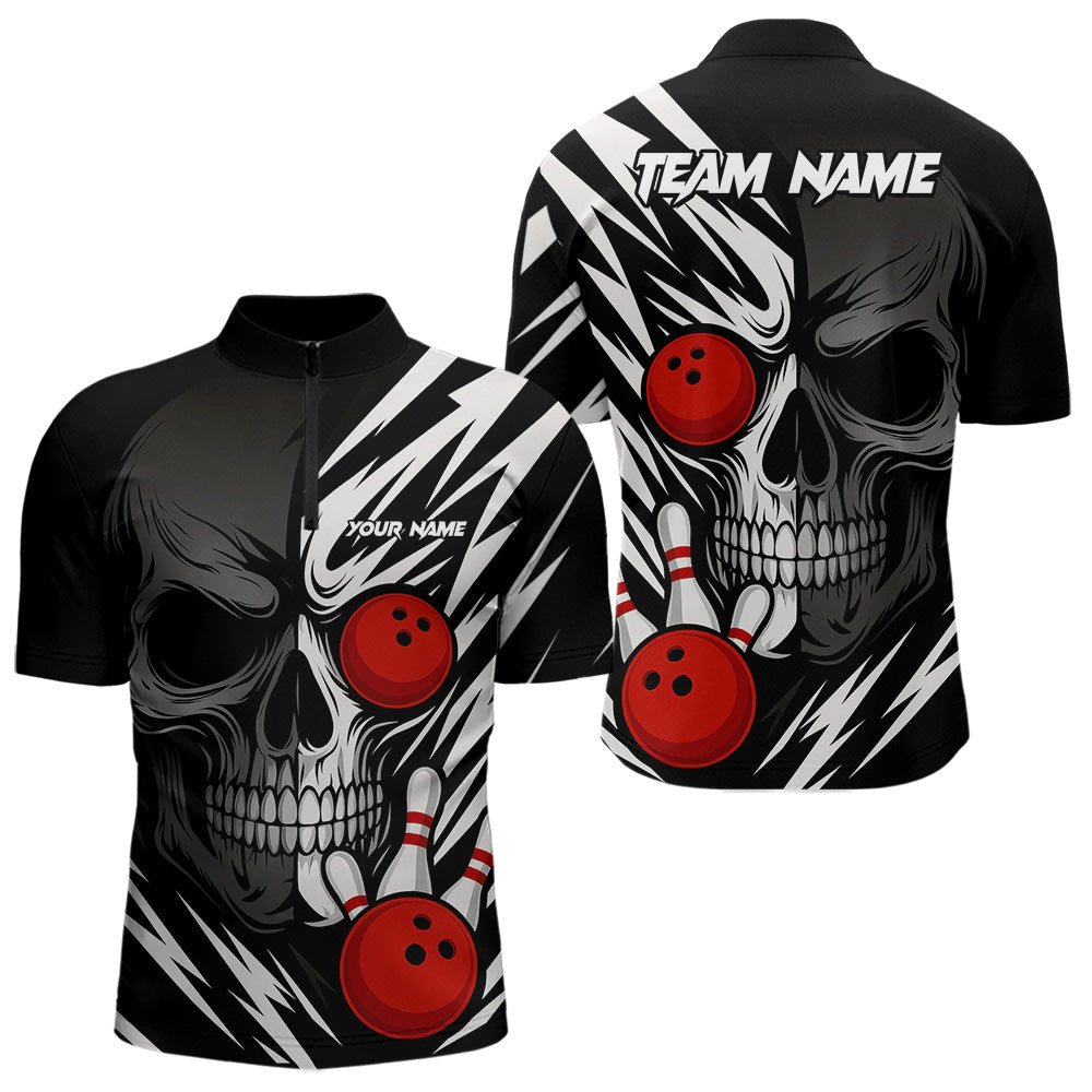 Blisscorners Black and White Skull Bowling Polo, Quarter Zip shirts for Men Custom Skull Team Bowling Jerseys LM1307