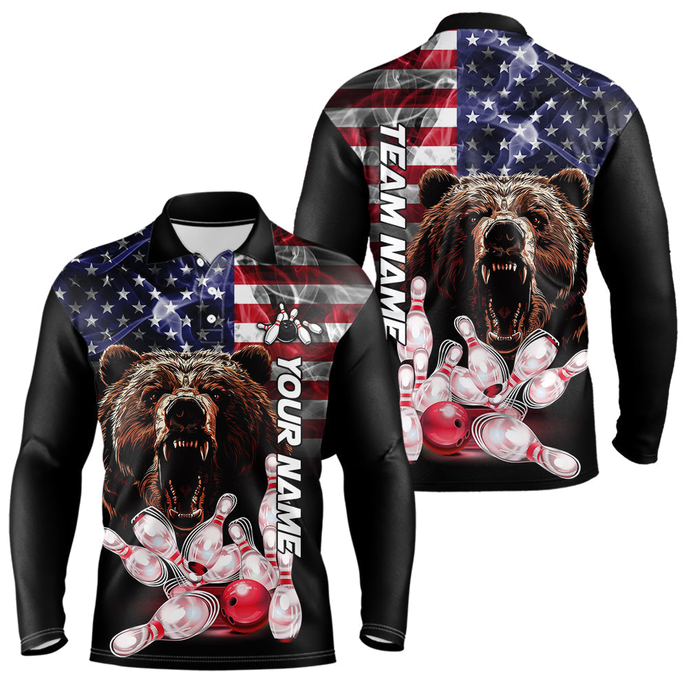Blisscorners American Flag Bear Bowling Polo, Quarter Zip Shirts for Men Custom patriotic Team Bowling jerseys LM2007