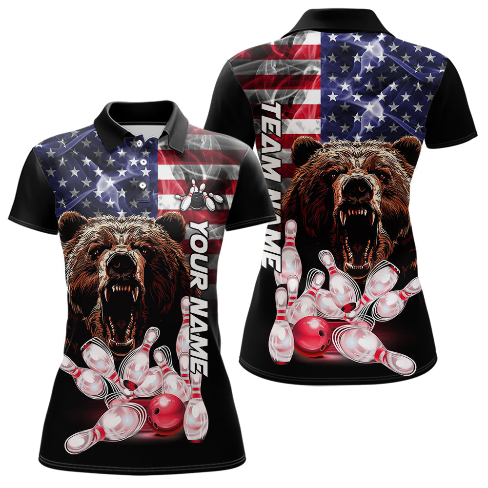 Blisscorners American Flag Bear Bowling Polo, Quarter Zip Shirts for Men Custom patriotic Team Bowling jerseys LM2007