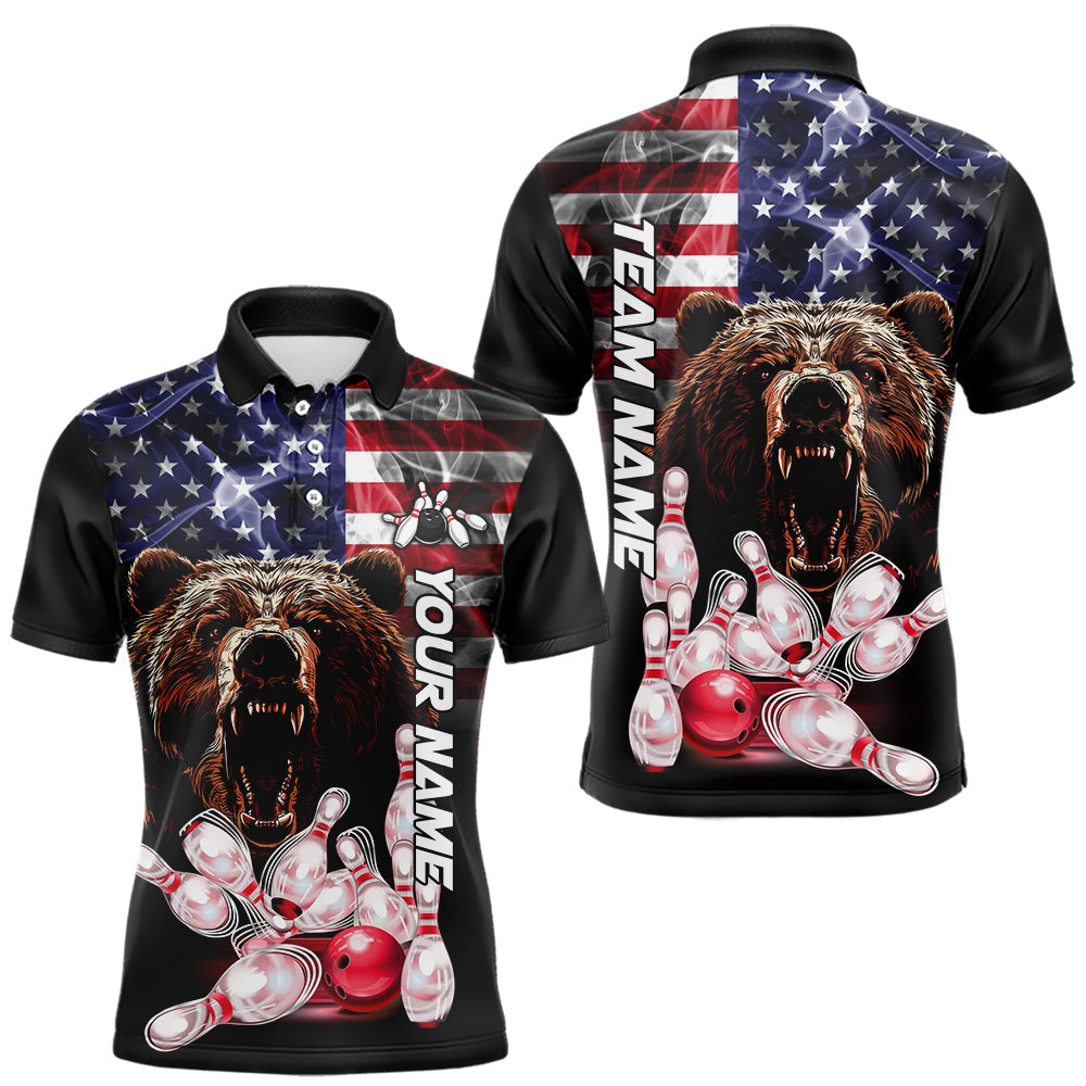 Blisscorners American Flag Bear Bowling Polo, Quarter Zip Shirts for Men Custom patriotic Team Bowling jerseys LM2007