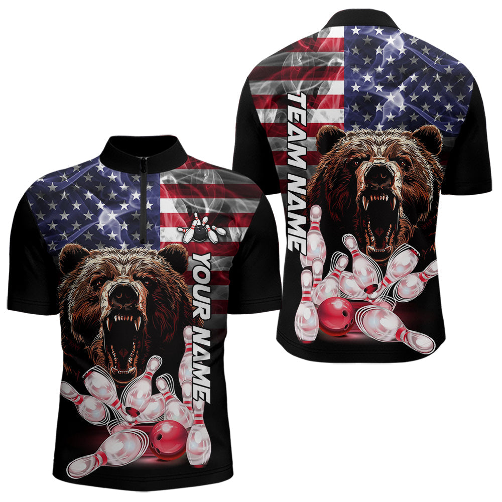 Blisscorners American Flag Bear Bowling Polo, Quarter Zip Shirts for Men Custom patriotic Team Bowling jerseys LM2007