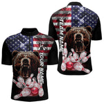 Blisscorners American Flag Bear Bowling Polo, Quarter Zip Shirts for Men Custom patriotic Team Bowling jerseys LM2007