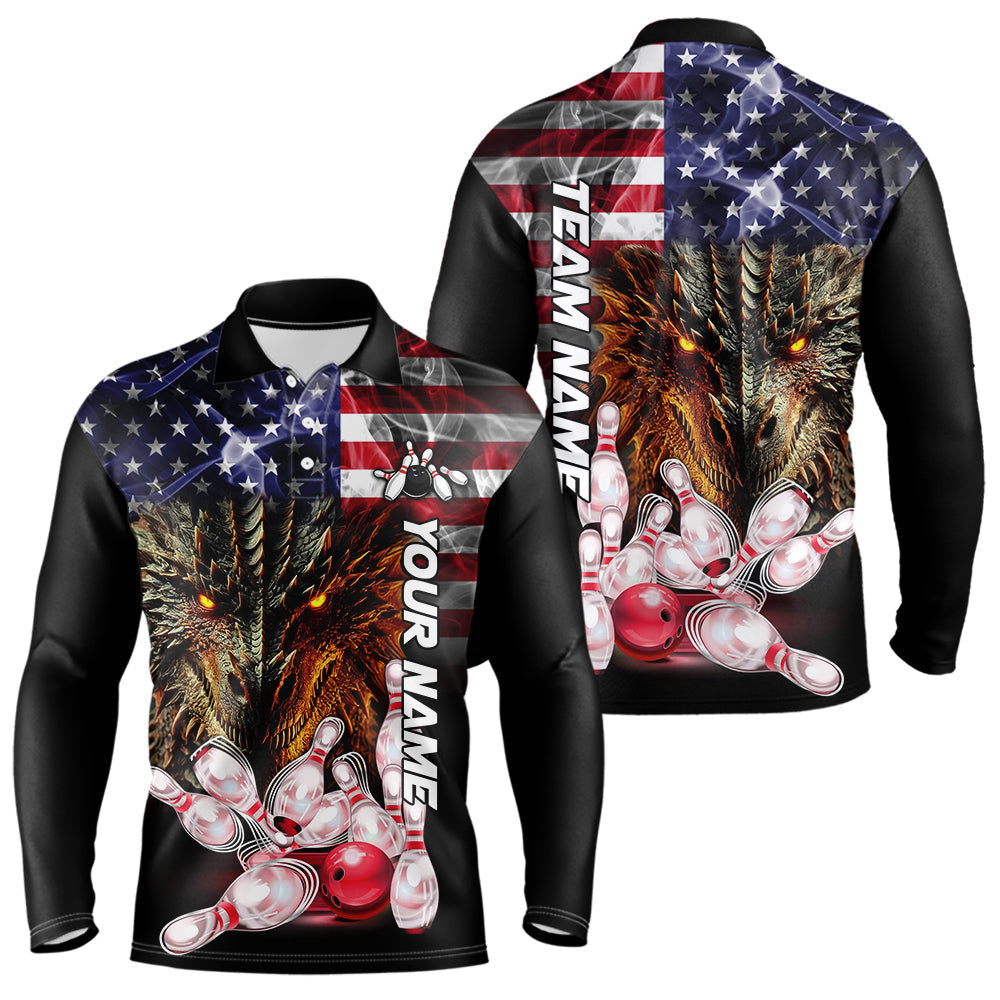 Blisscorners American Flag Dragon Bowling Polo, Quarter Zip Shirts for Men Custom patriotic Team Bowling jersey LM2007