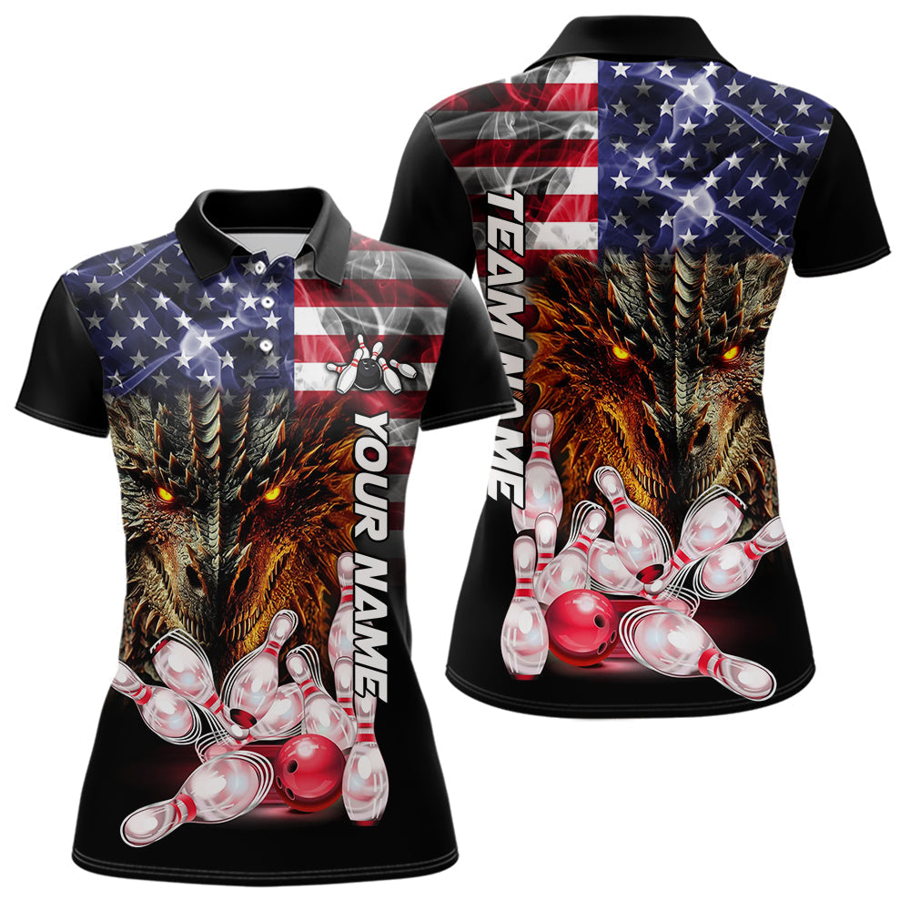 Blisscorners American Flag Dragon Bowling Polo, Quarter Zip Shirts for Men Custom patriotic Team Bowling jersey LM2007