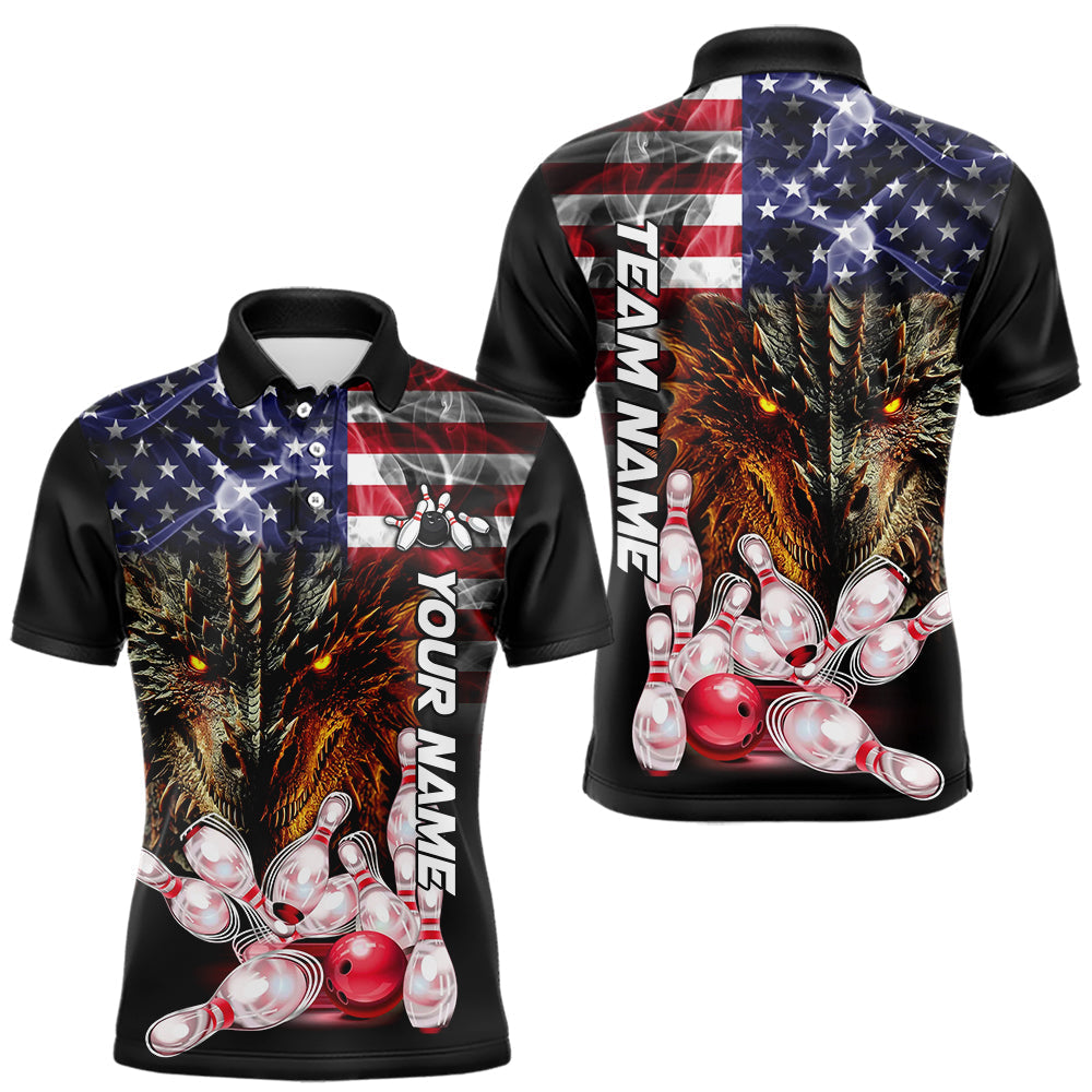 Blisscorners American Flag Dragon Bowling Polo, Quarter Zip Shirts for Men Custom patriotic Team Bowling jersey LM2007