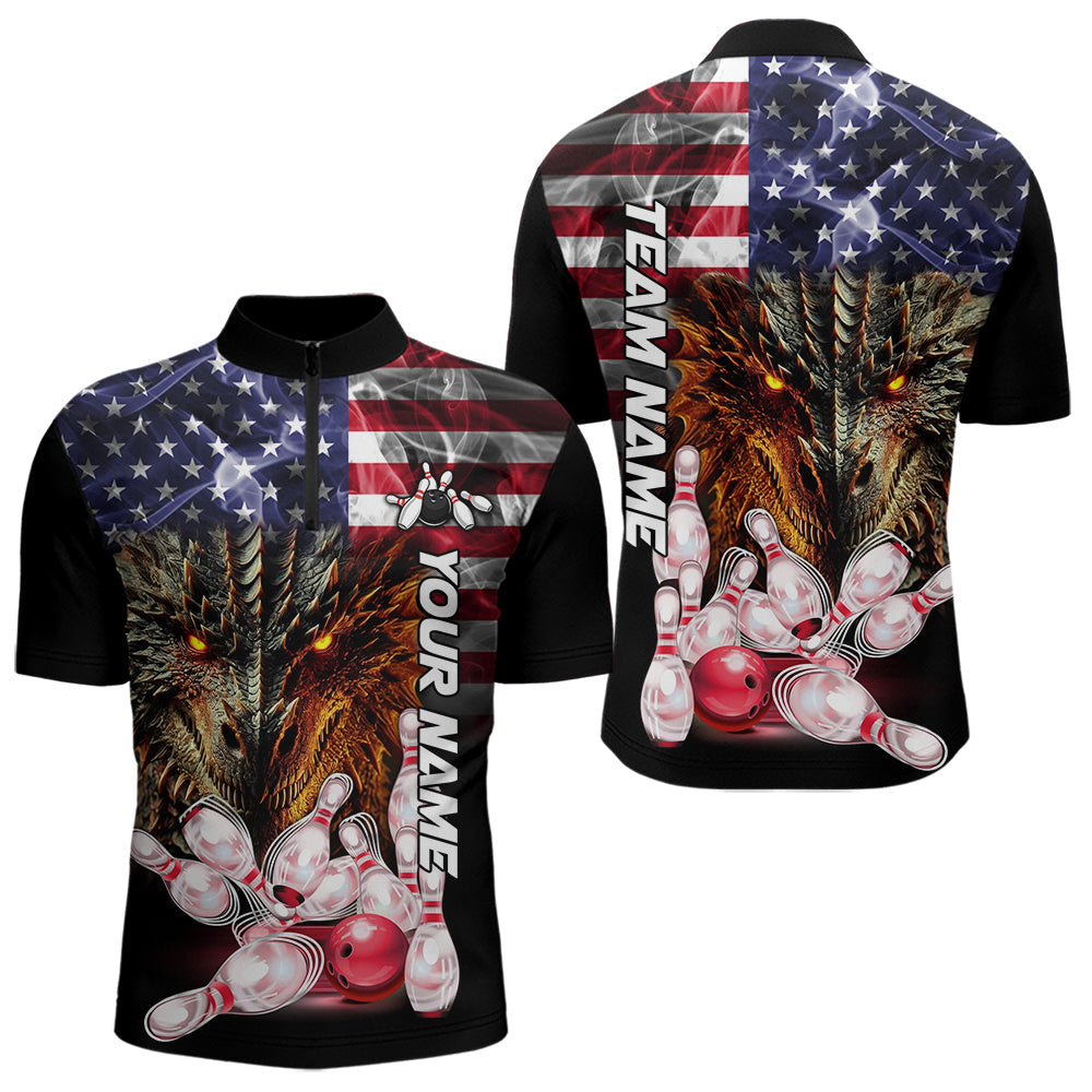 Blisscorners American Flag Dragon Bowling Polo, Quarter Zip Shirts for Men Custom patriotic Team Bowling jersey LM2007