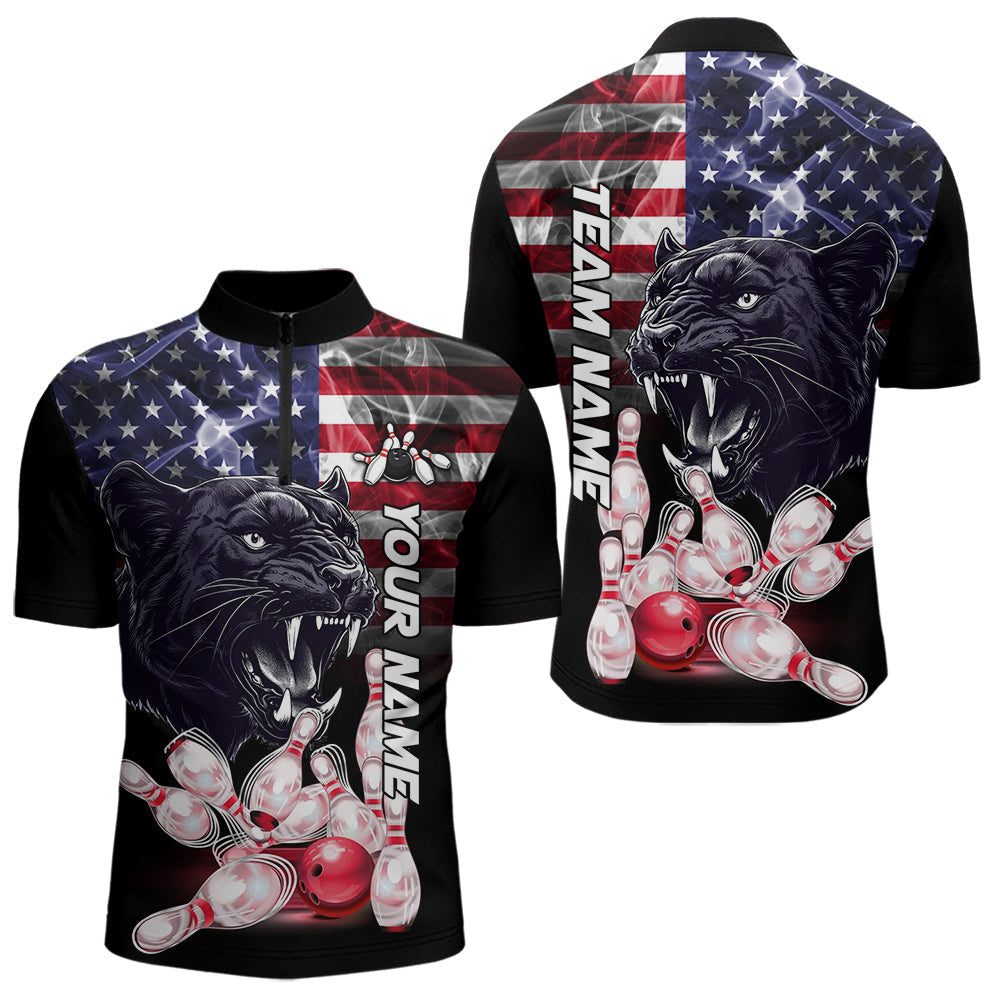 Blisscorners American Flag Panther Bowling Polo, Quarter Zip Shirts for Men Custom patriotic Team Bowling jerseys LM2007