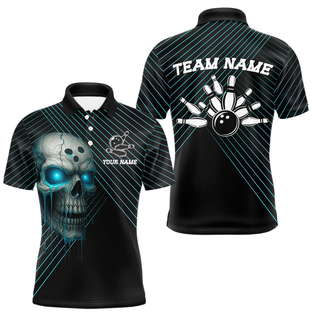 Blisscorners Black and Blue Skull Bowling Polo, Quarter Zip Shirts For Men Custom Bowling Team Jerseys OutfitsLM3006