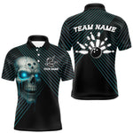 Blisscorners Black and Blue Skull Bowling Polo, Quarter Zip Shirts For Men Custom Bowling Team Jerseys OutfitsLM3006