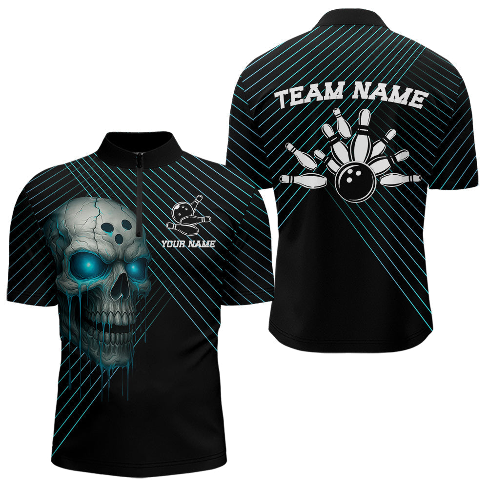 Blisscorners Black and Blue Skull Bowling Polo, Quarter Zip Shirts For Men Custom Bowling Team Jerseys OutfitsLM3006