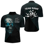 Blisscorners Black and Blue Skull Bowling Polo, Quarter Zip Shirts For Men Custom Bowling Team Jerseys OutfitsLM3006