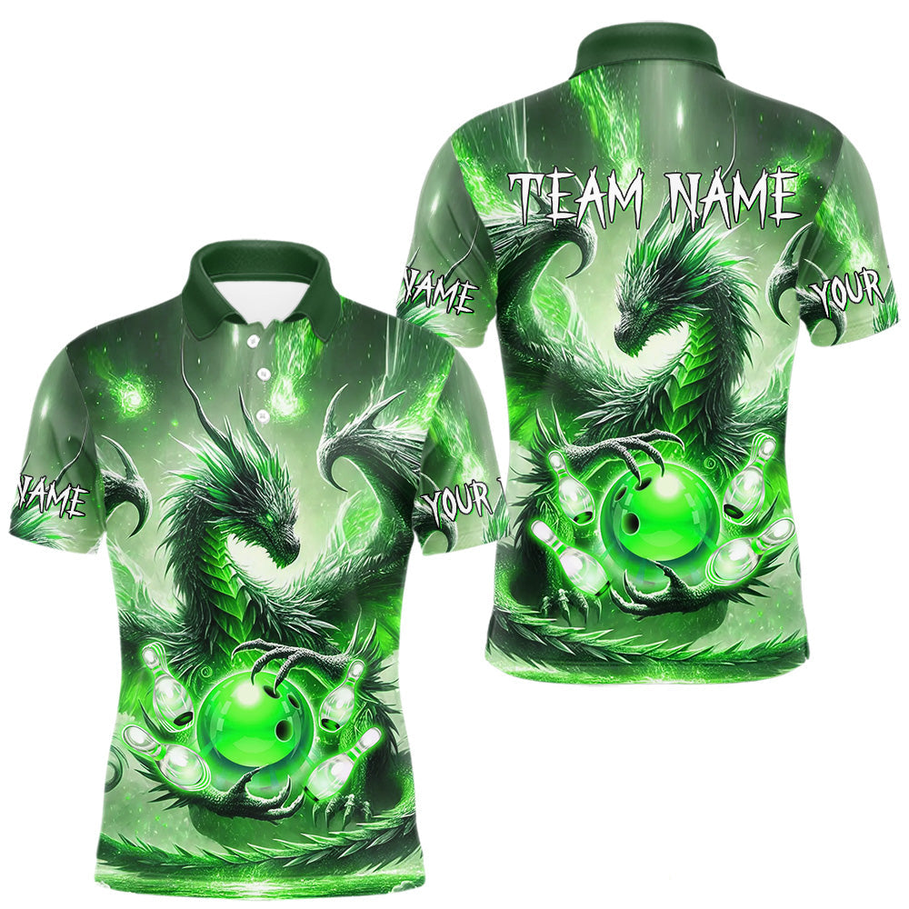 Maxxcorners Personalized Green Lights Dragon Mens Bowling Polo, 1/4 Zip Shirt Custom Team Bowling League Jersey MT0307