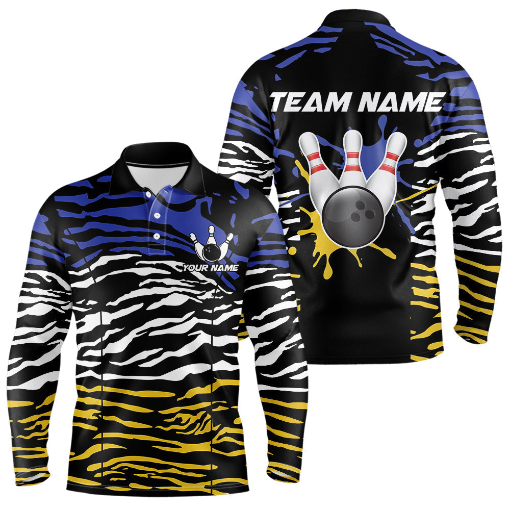 Blisscorners Blue, Yellow and White Tiger Skin Pattern Bowling Shirts For Men Custom Bowling Team jerseys