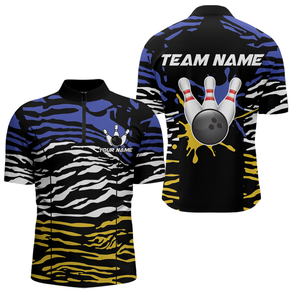 Blisscorners Blue, Yellow and White Tiger Skin Pattern Bowling Shirts For Men Custom Bowling Team jerseys
