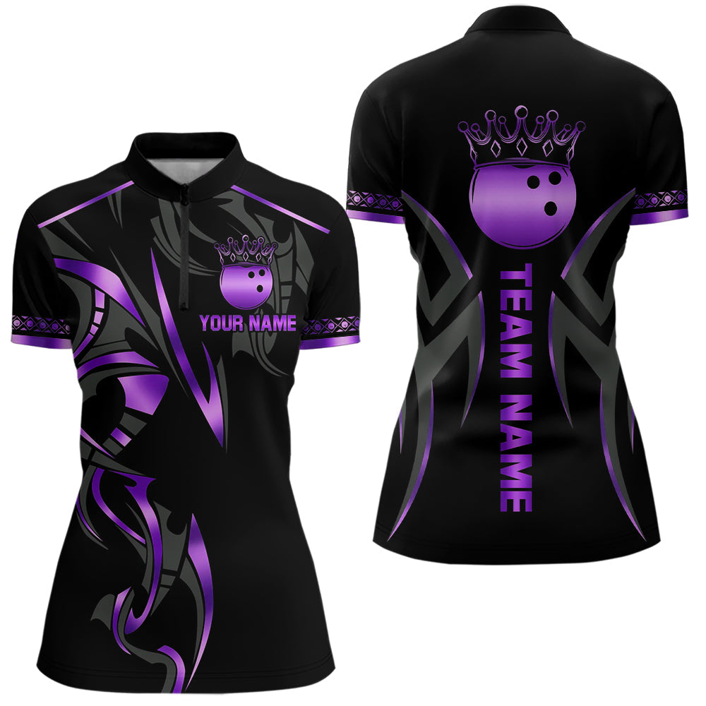 Blisscorners Black and Purple crown Bowling ball Polo, Quarter Zip Shirts for Men Custom Bowling Team jerseys