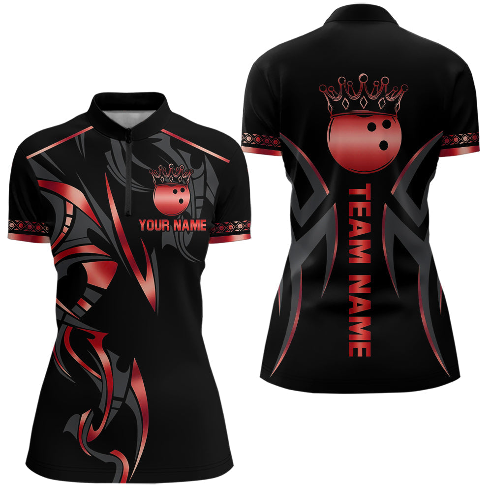 Blisscorners Black and Red crown Bowling ball Polo, Quarter Zip Shirts for Men Custom Bowling Team jerseys