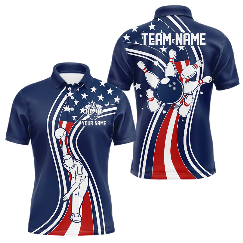Blisscorners Retro bowling Polo, 1/4 Zip shirts for Men Custom American flag patriotic team bowling jerseys | Navy LM0901