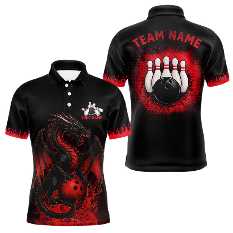 Blisscorners Black and Red Flame Dragon Bowling Polo, 1/4 zip shirts for Men Custom Dragon team bowling jerseys LM1501
