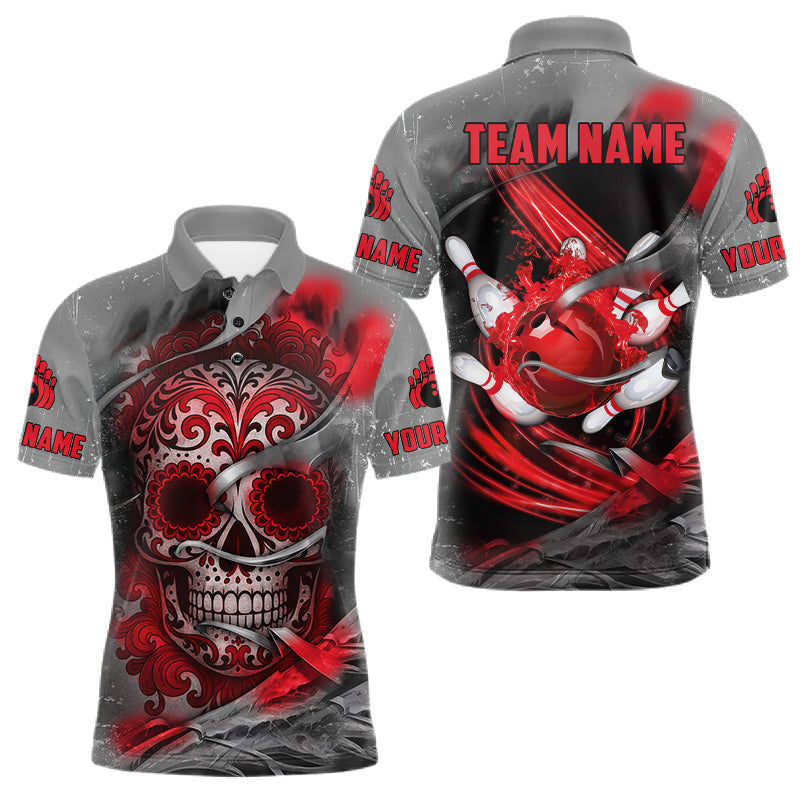 Blisscorners Red Sugar Skull Tattoo Custom Mens Bowling Polo, Quarter Zip Shirts,Team Bowling Jerseys LM2201