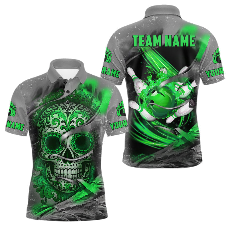 Blisscorners Green Sugar Skull Tattoo Custom Mens Bowling Polo, Quarter Zip Shirts,Team Bowling Jerseys LM2201