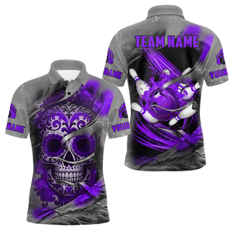 Blisscorners Purple Sugar Skull Tattoo Custom Mens Bowling Polo, Quarter Zip Shirts,Team Bowling Jerseys LM2201