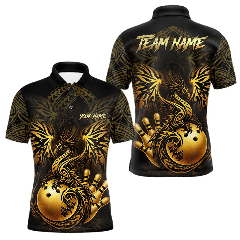 Blisscorners Custom Black And Gold tribal Dragon Bowling Shirts For Men, Dragon Bowling Team Shirts Uniform LM2201