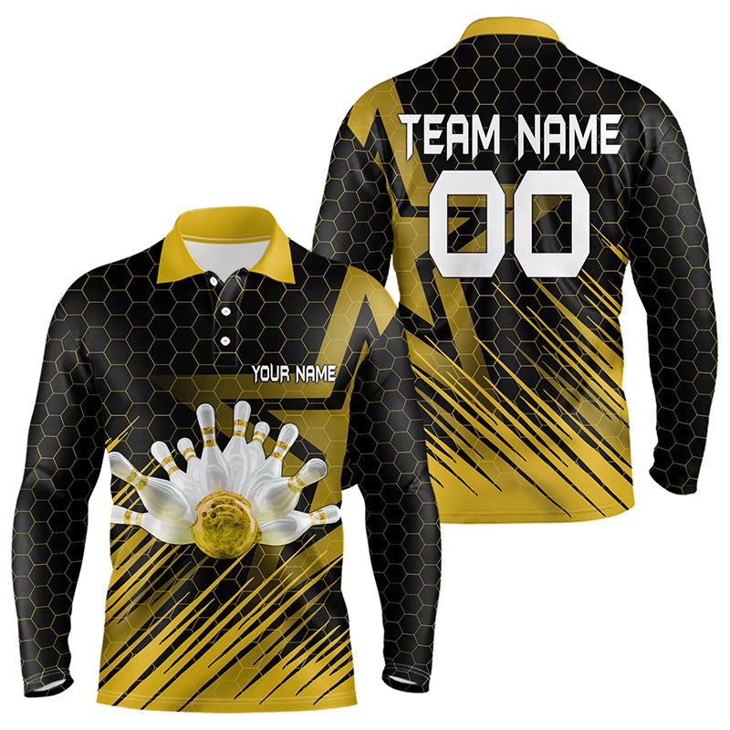 Blisscorners Black And Gold Custom Bowling Polo, Quarter Zip Shirts For Men, Bowling Team League Jersey