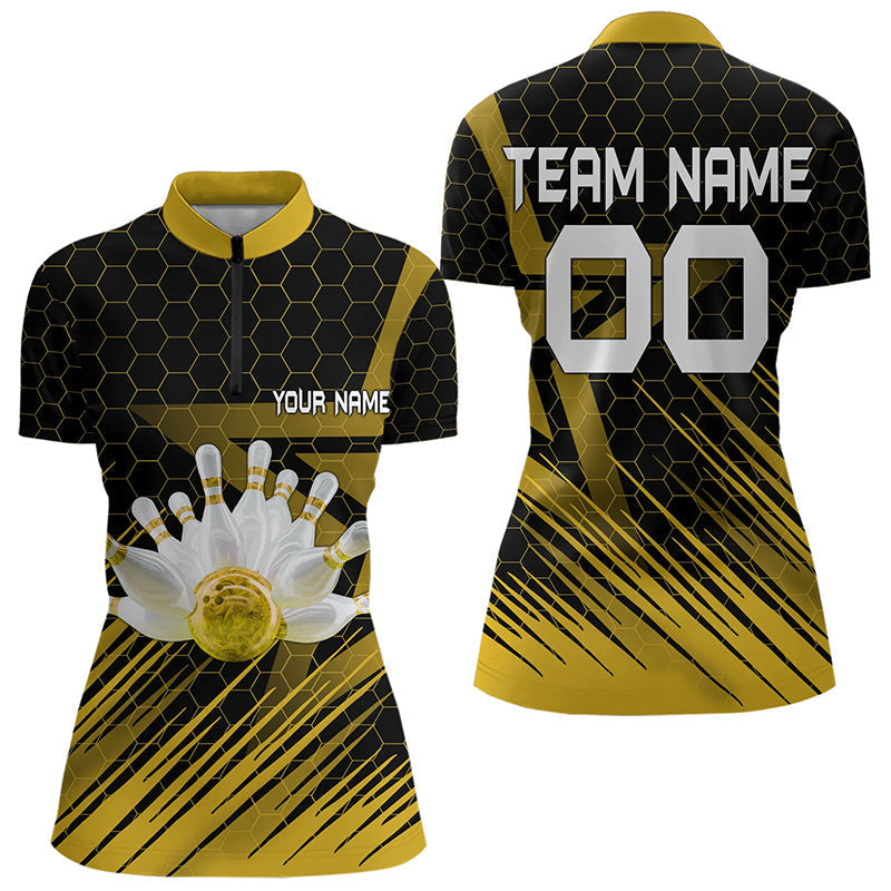 Blisscorners Black And Gold Custom Bowling Polo, Quarter Zip Shirts For Men, Bowling Team League Jersey