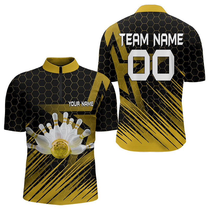 Blisscorners Black And Gold Custom Bowling Polo, Quarter Zip Shirts For Men, Bowling Team League Jersey