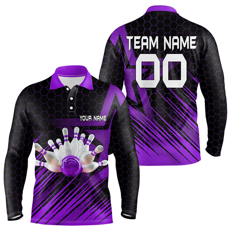 Blisscorners Black And Purple Custom Bowling Polo, Quarter Zip Shirts For Men, Bowling Team League Jersey