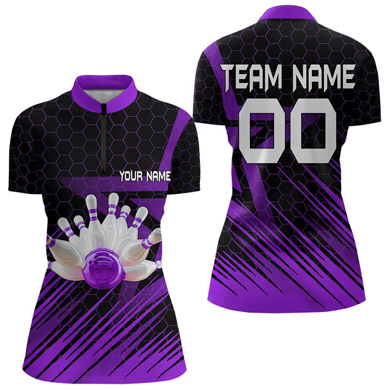 Blisscorners Black And Purple Custom Bowling Polo, Quarter Zip Shirts For Men, Bowling Team League Jersey