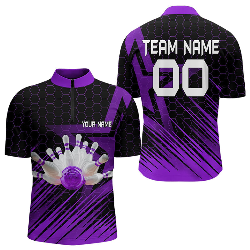 Blisscorners Black And Purple Custom Bowling Polo, Quarter Zip Shirts For Men, Bowling Team League Jersey