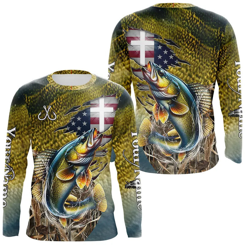 Blisscorners Walleye Fishing Scales Camo American Flag Faith patriotic Custom UV protection long sleeves shirts LM0607