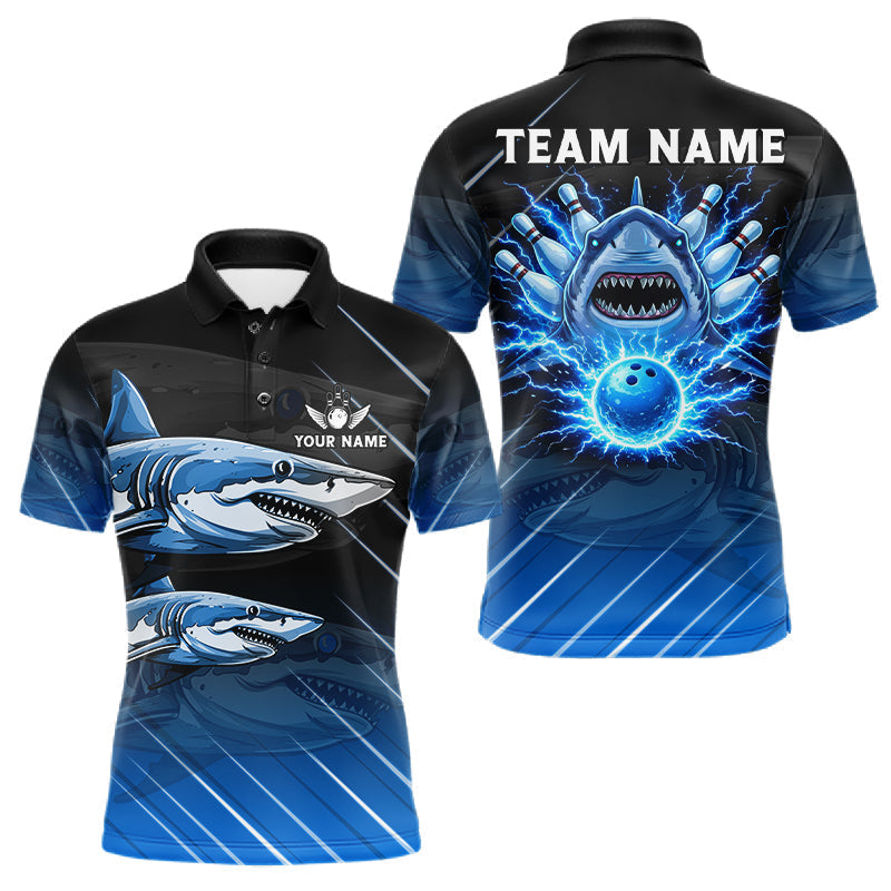 Blisscorners Black and blue shark bowling shirt for men custom lightning thunder bowling polo, quarter zip shirts LM0101