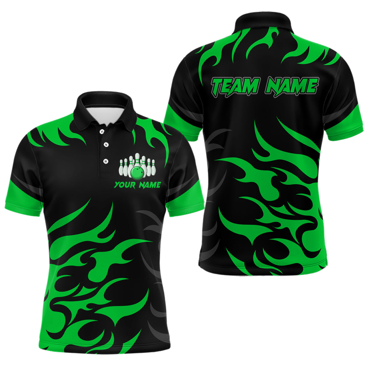 Blisscorners Black and Green Flame Bowling shirts for Men Custom team bowling jerseys, mens bowling apparel  LM1307