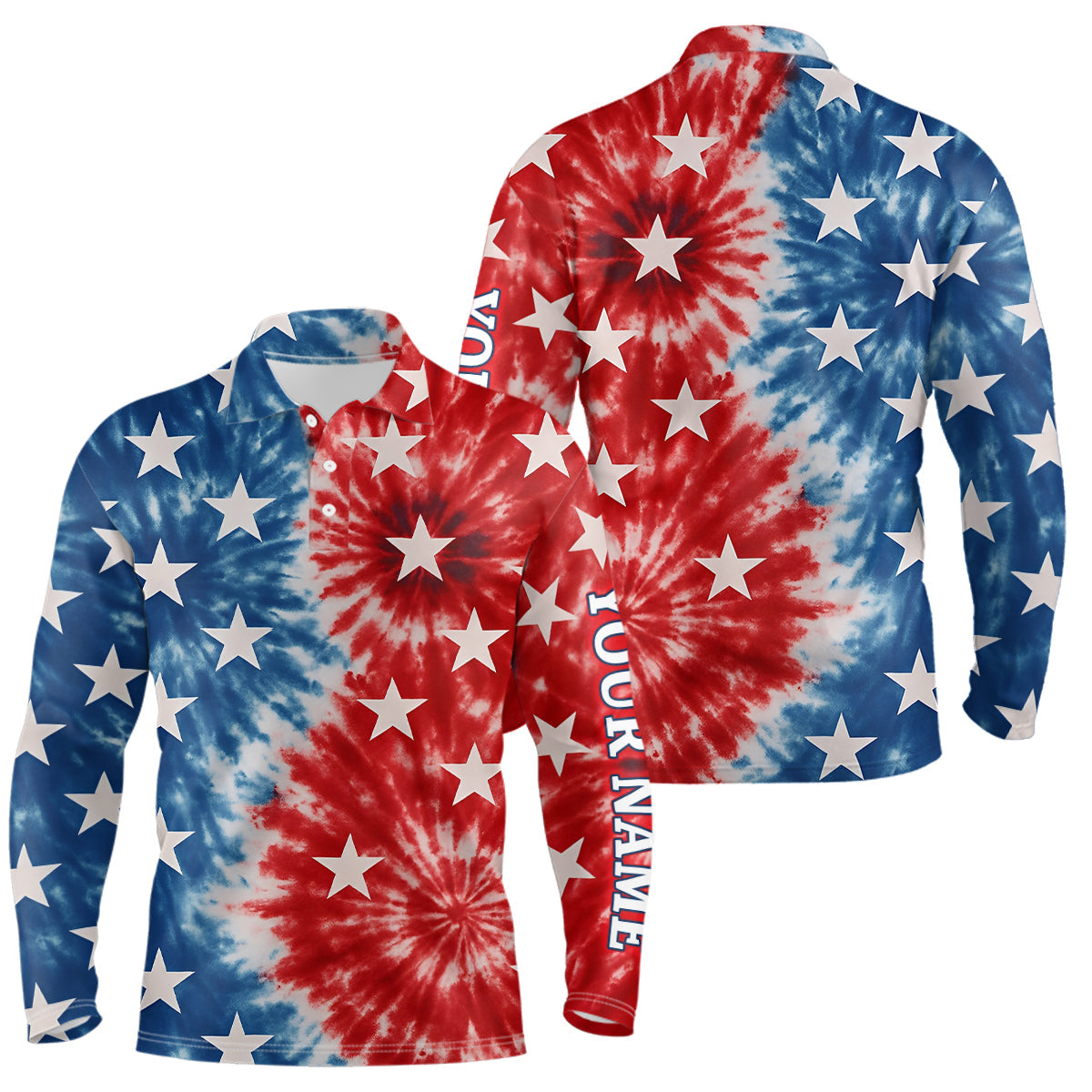 Blisscorners American Flag Tie dye pattern Mens golf polo shirts custom name patriotic golf attire for mens