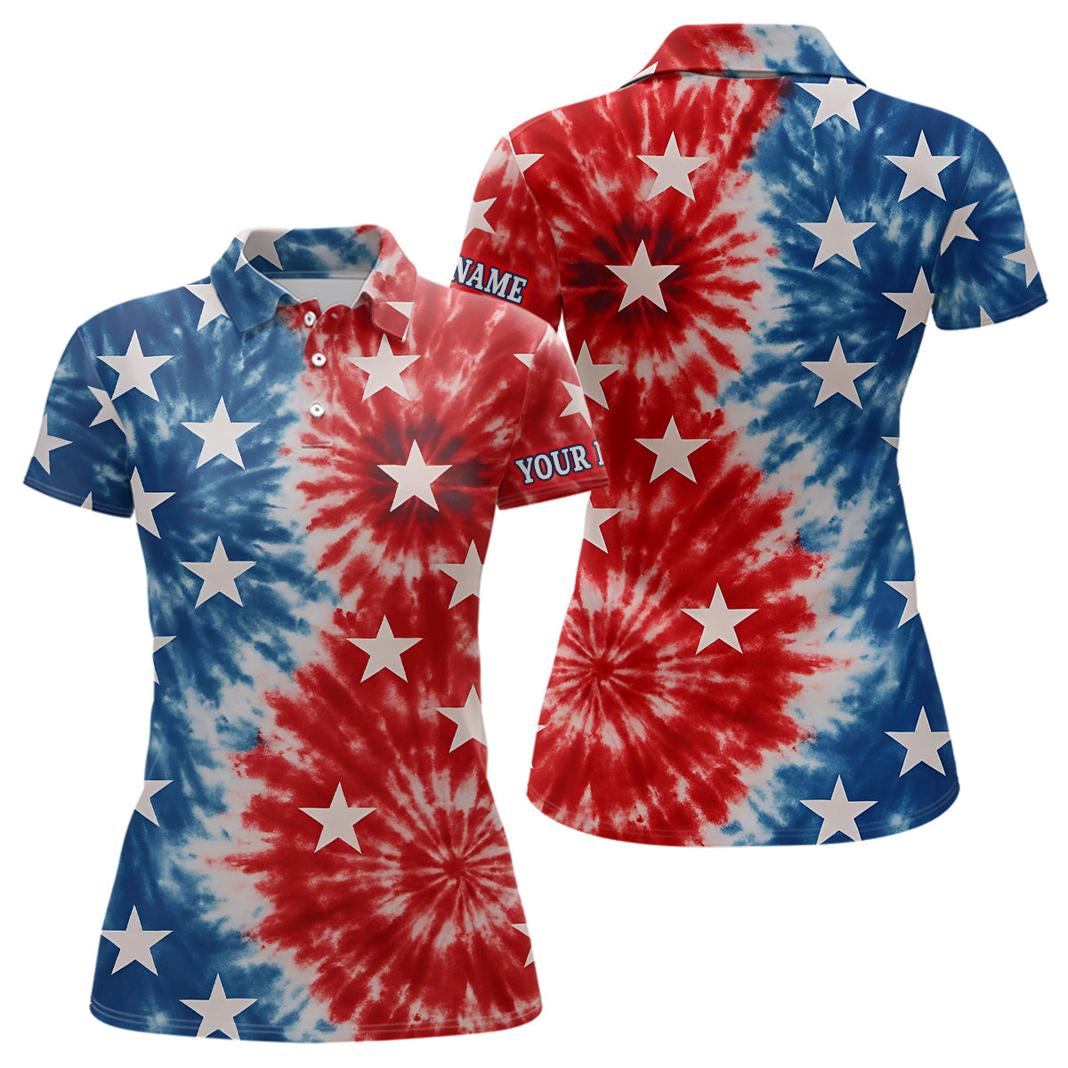 Blisscorners American Flag Tie dye pattern Mens golf polo shirts custom name patriotic golf attire for mens