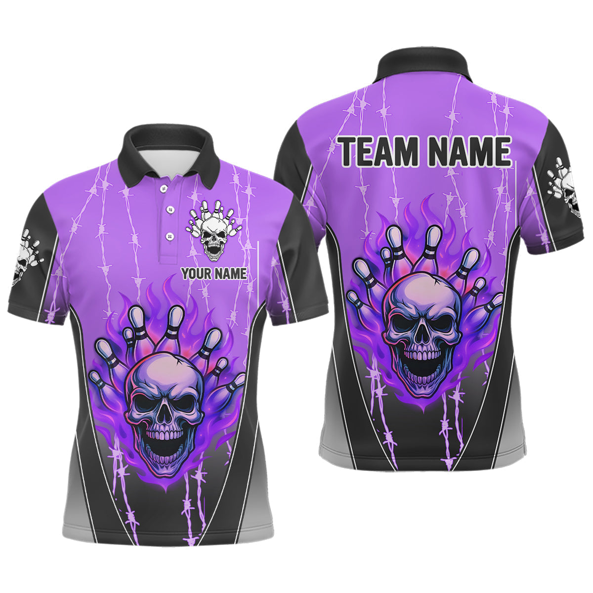 Maxxcorners Black and purple flame skull Bowling Polo, 1/4 Zip Shirt for men Custom Team Bowling League Jersey MT0307